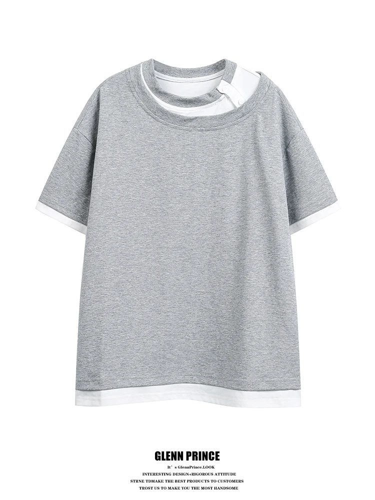 

American Retro Fake Two-Piece Short-Sleeve T-Shirt Men's Summer Street Design Casual Half Sleeve Tee Loose Fit Youth Fashion