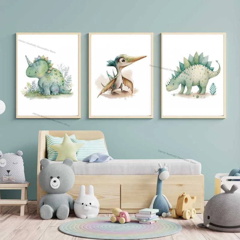 3PCS Jurassic Cartoon Dinosaur Canvas Prints Cute Kids Nursery Animals Dino Posters Wall Art Baby Boys Room Home Decor Painting
