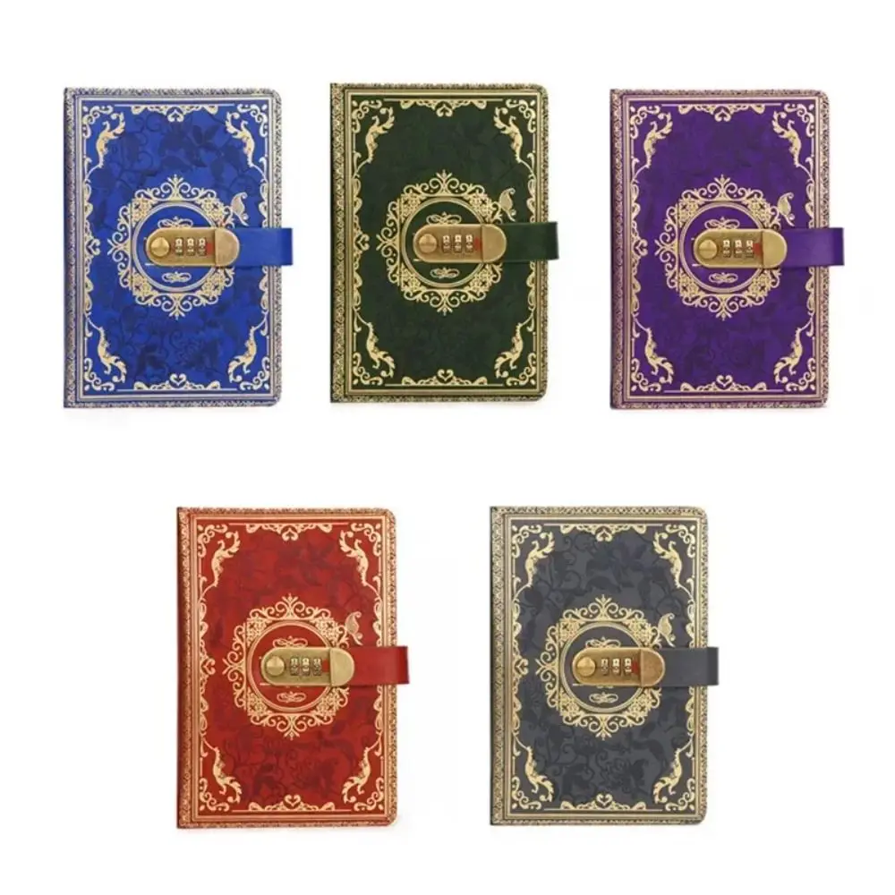 New PU Combination Lock Notebook Vintage Style Lined Pages Locking Journal Pen Loop Embossed Cover Stationery Supplies