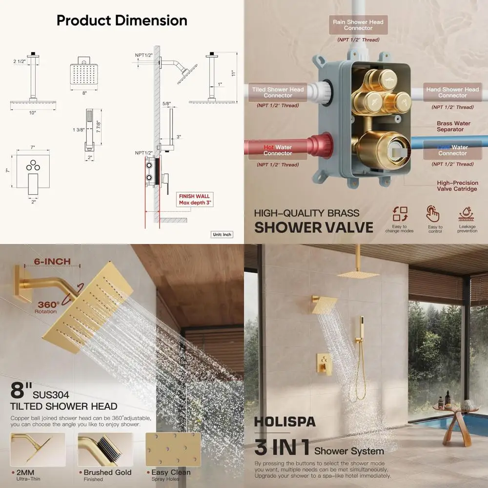 

3-in-1 Brushed Gold Shower System with 10 Ceiling and 8 Wall-Mount Showerheads