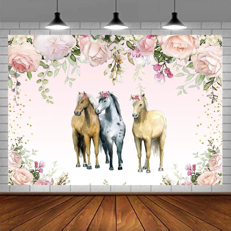 

Pink Flower West Cowboy Cowgirl Horse Party Photography Backdrop Boy Or Princess Girl Birthday Photo Background Baby Shower