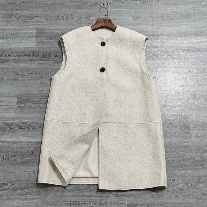 Original Quality Women Vest Fashion Minimalist Chic Woolen Vest Jacket Office Lady Solid V-Neck Sleeveless Loose Long Waistcoat