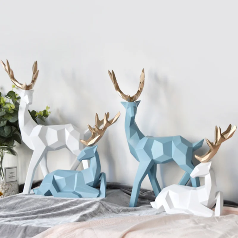 Modern Geometry Attract Wealth Deer Resin Figurines Ornaments Home Room Bookshelf Desk Decoration Items Office Table Accessories