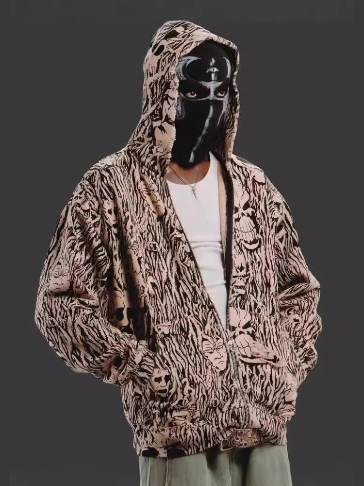 Męska bluza z kapturem w stylu amerykańskim dark vintage, streetwear, zapinana na zamek, Harajuku, luźny krój, casualowa, na jesień i zimę.