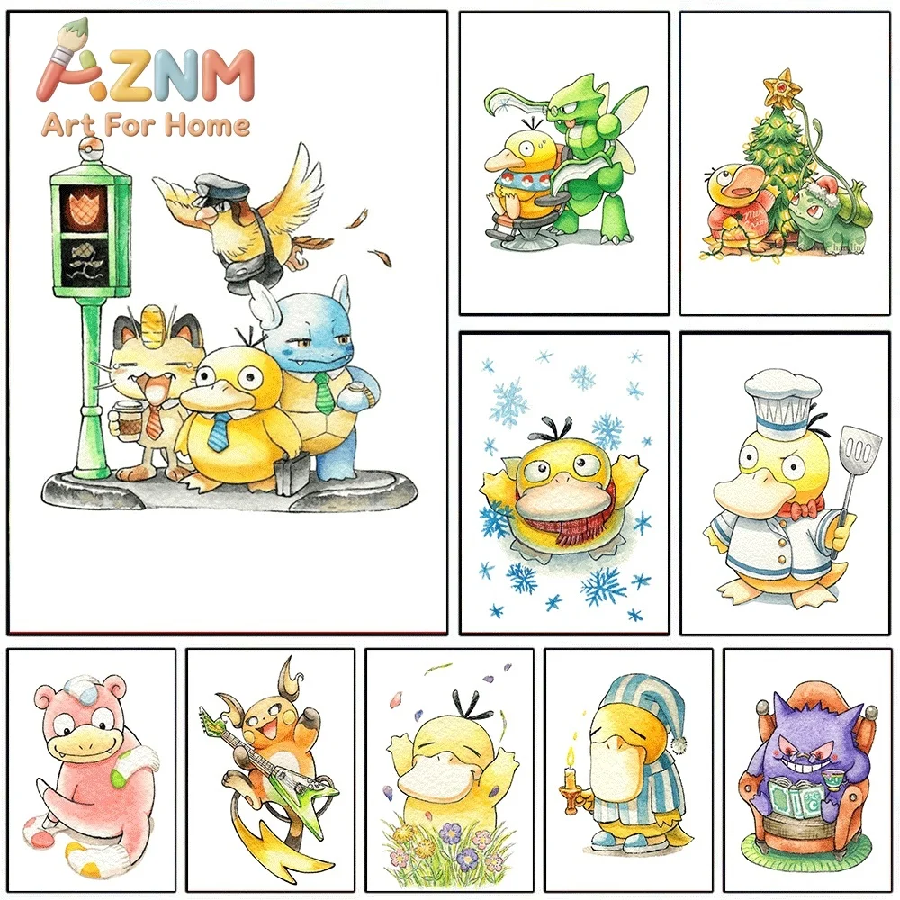 AZNM Pokemon Psyduck Friends Street Scene Watercolor Canvas Wall Art Unframed Anime Monster Print Home Kids Bedroom Living Roo