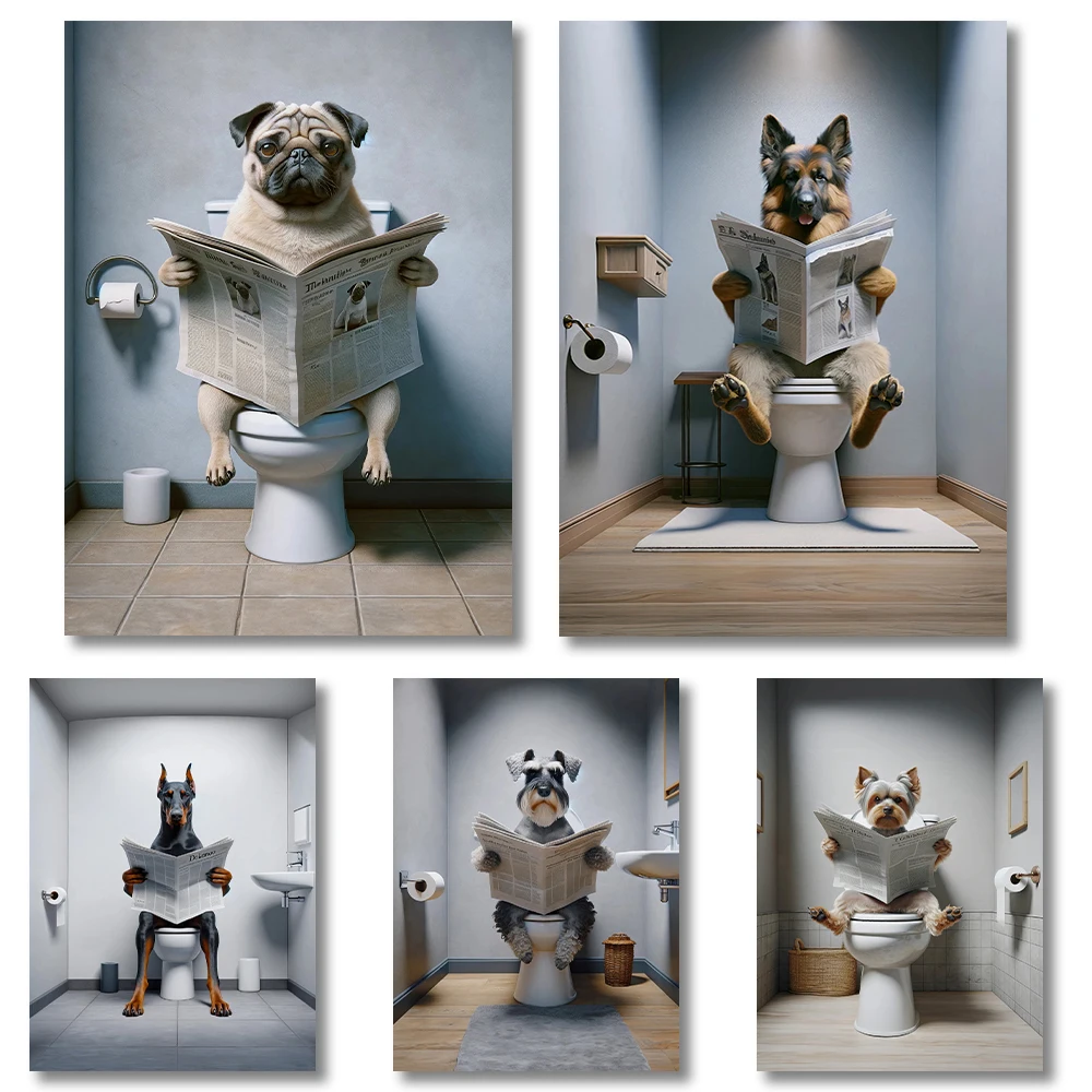 1pc frameless Canvas Painting Toilet Dogs Reading Newspapers Funny Posters Rottweiler Doberman Poodle Canvas Painting Bathroom W