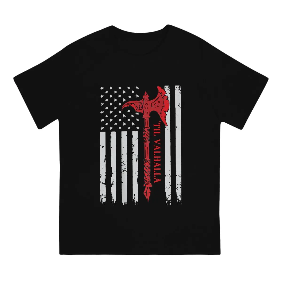 Men's T-Shirt American Viking Axe Flag Vintage Tees Short Sleeve Til Valhalla T Shirts Crew Neck Tops Unique