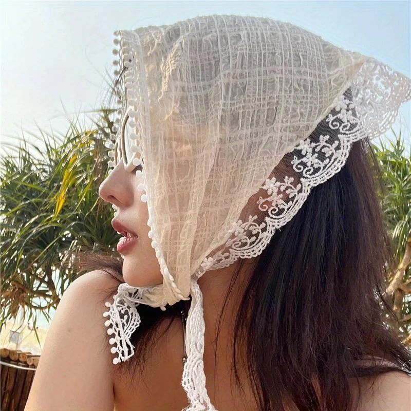 

Elegant White Lace Scarf Floral Spring Headband for Women Vacation Photo Props Princess Style Hair Accessories Headwear