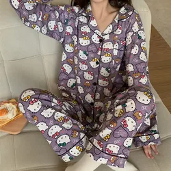 Sanrio HelloKitty Silk Pajamas Women's Autumn Cotton Long Sleeve Two-piece Set Casual Women's Pajamas Homewear Pajamas Pants Set