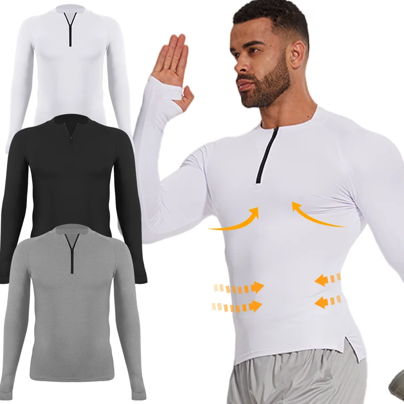 Mens Sport Shirt Sweat Absorption Quick Dry Long Sleeve Compression Round Collar Running Gym Fitness Zip Pullover Training Tee