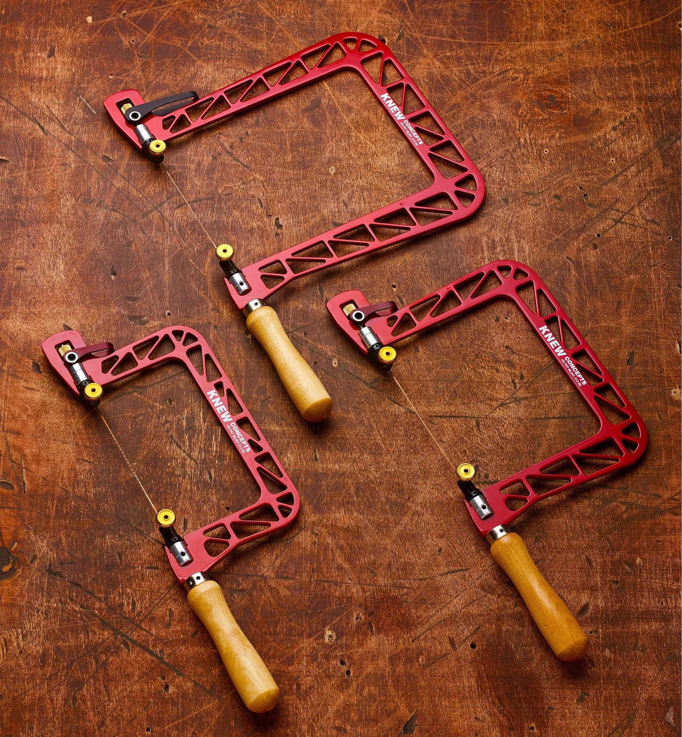 

KNEW CONCEPTS Mk IV Jewelry Saw 3", 5", 8" Depths Aircraft Aluminum Frame 360° Swivel Clamps & Cam Lever Tension Fret Saw