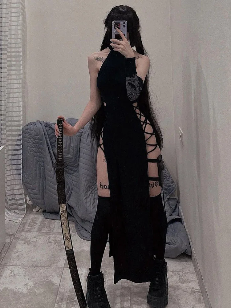 Hohe Split Sexy Verband Frauen Kleider Y2K Mall Gothic Halter Schlank Midi Kleid Schwarz Grunge Stil Alt party