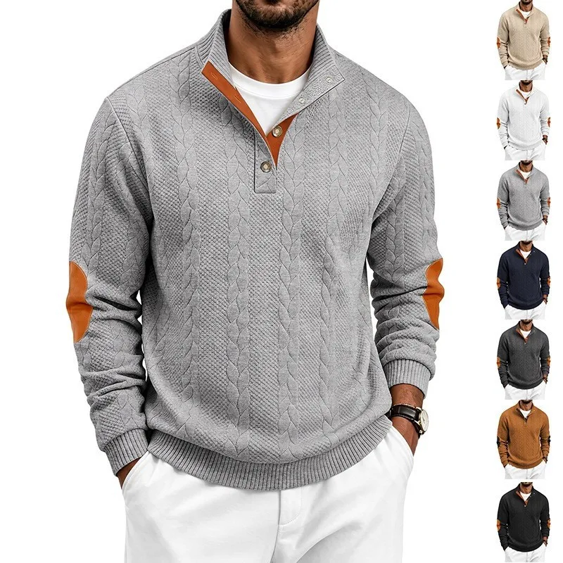 B&C Men Cable Knit Sweatshirt Stand Collar Button Down Pullover with Contrast Elbow Patch Casual Top