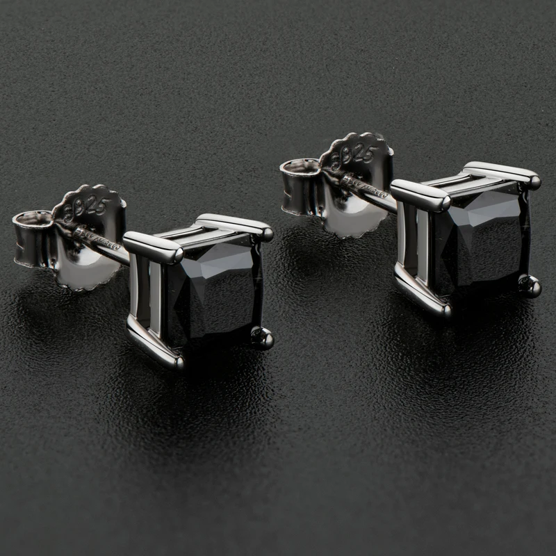 Anziw 4.5MM-5.5MM Princess Cut Black Moissanite Earrings Silver 925 Yellow Gold Plated Square Studs for Men Women Jewelry Gift