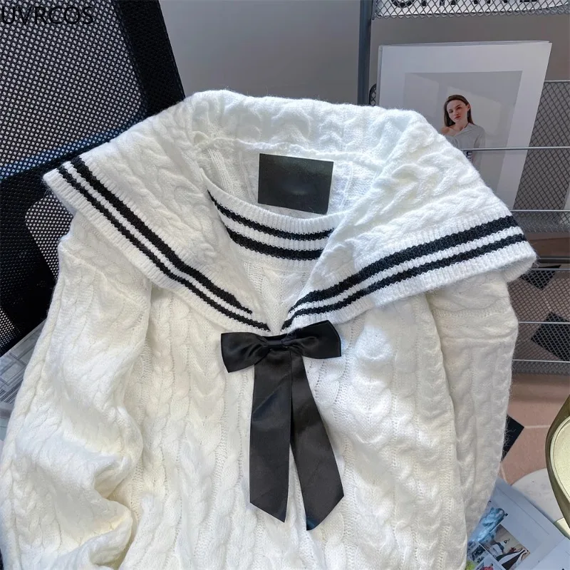 Japanese Bow Sailor Collar Knitted Pullovers Women Cute Long Sleeve Sweater Korean Fashion Preppy Style Knitwear Top Y2k Clothes