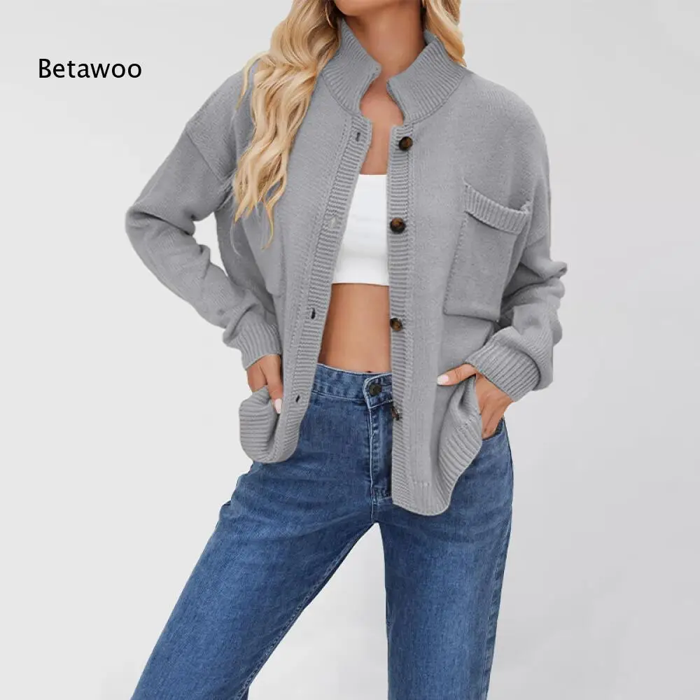 Stand Collar Button Front Knit Sweater Cardigan Long Sleeve Two Patch Pockets Drop Shoulder Oversized Outwear Top