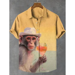 3D Printed Funny Monkey Hawaiian Shirt For Men Animal Graphic Blouse Summer Personality Short Sleeves Lapel Tops Beach Shirts