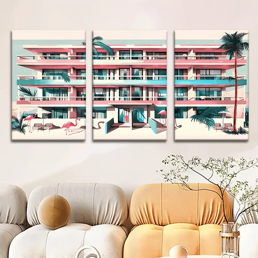 (No frame)3pcs/set, Canvas painting--Unframed, 76.2x50.8cm, Pink skyscrapers cityscape, Wall decoration, bedroom, living room