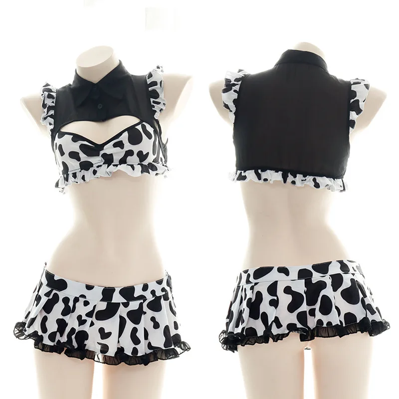 Anime Cow Girl Cosplay Cute Lolita Maid Uniform Stand Collar Hollow Out Cropped Tops Ruffle Mini Skirt Bikini Set Beach Swimsuit