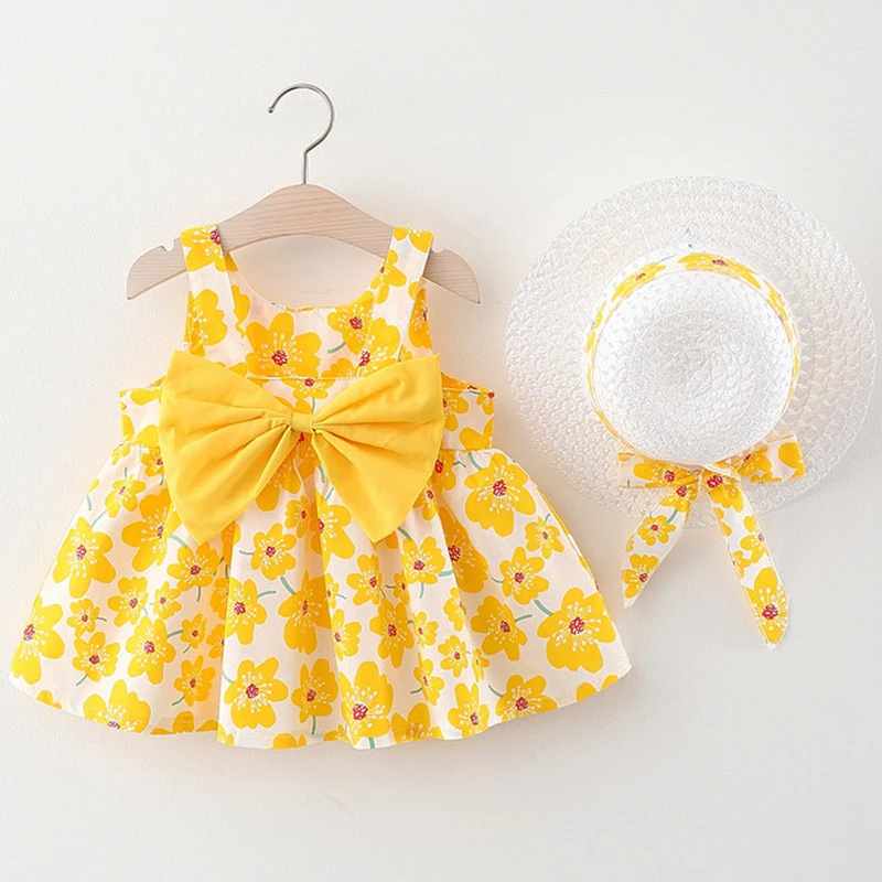 2Piece Summer Newborn Girls Clothes Princess Dress Fashion Cute Flowers Big Bow Sleeveless Cotton Baby Dresses Kids Set BC1539-1