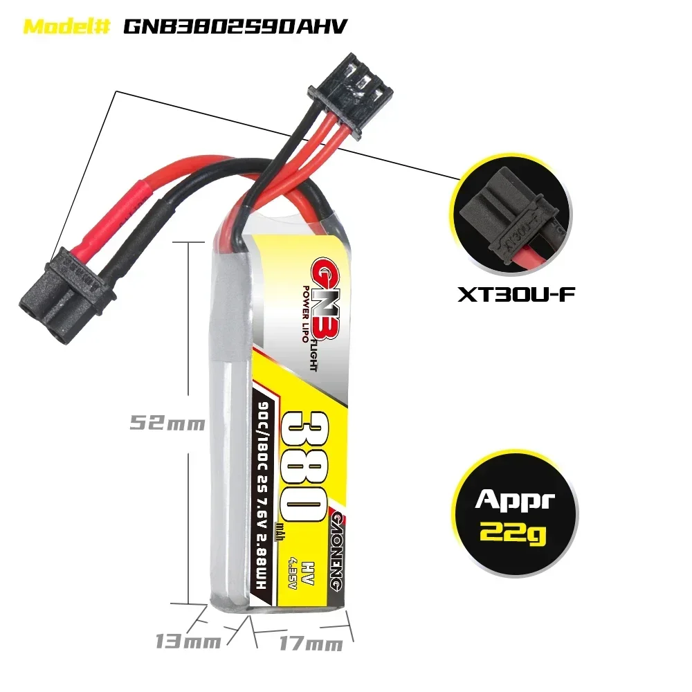 GAONENG Lipo 배터리, HV 380mAh 2S 3S 90C 180C XT30 BETAFPV 베타 75X 65X Whoop 드론 PH2.0 1:28 RC 자동차 드리프트 미니 Z 블레이드 MCPX BL