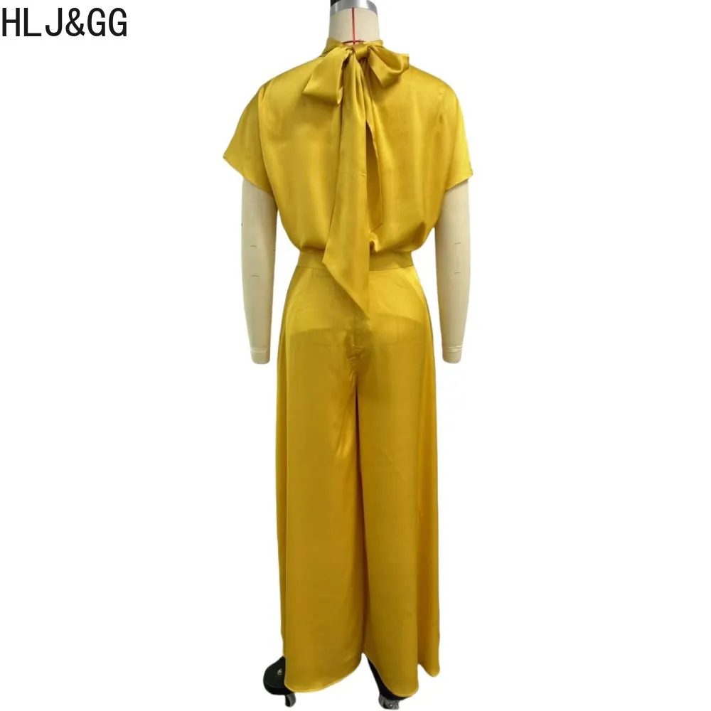 HLJ&GG Yellow Satin Elegant Lady Wide Leg Pants Two Piece Sets Women Bandage Short Sleeve Top And Pants Outfits Autumn Clothing