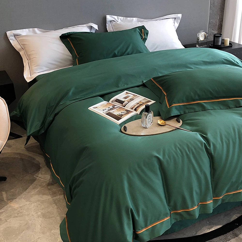 2024 New 60 Long Velvet Embroidery Striped Color Matching Four-piece Set Of Pure Cotton Luxury Bedding Can Be Customized Green