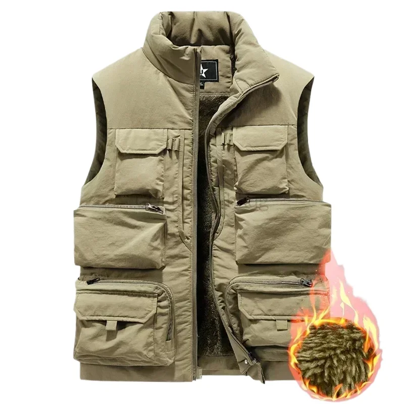 

Men's New Keep Warm Fleece Work Sleeveless Jacket Slim Fit Windbreaker Fashion Many Pocket Jacket Men Winter Sleeveless Jackets
