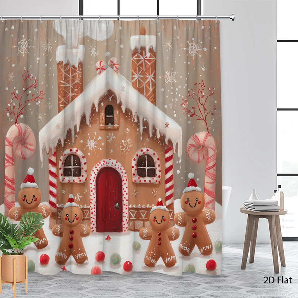 1pc Large Gingerbread House Shower Curtain with Candy Cane & Snowman - Vintage Christmas Bathroom Decor, 70.8x70.8 Inch High Quality-Like (Machine Washable) Bathtub Curtain, Hooks Included for Holiday Theme Parties, 2D Flat