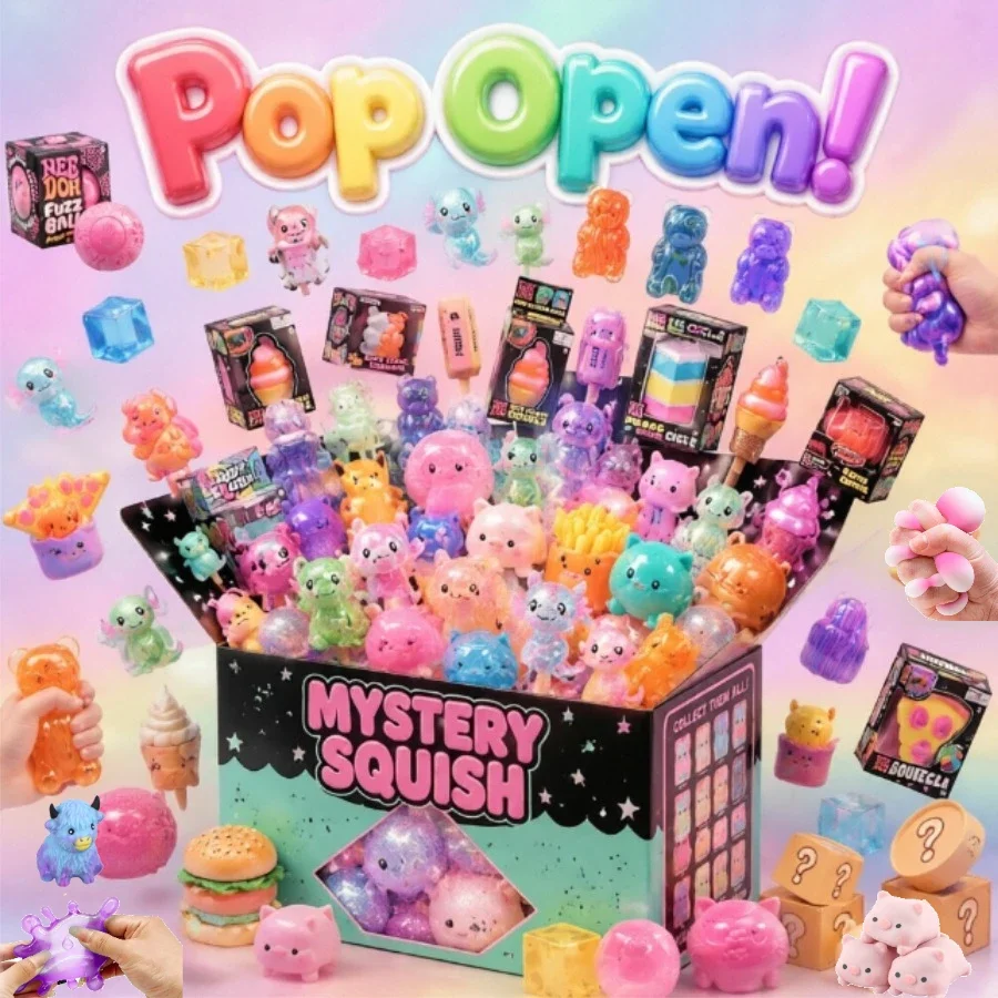 Pop Open Mystery Squish Box, What Cute Jelly Squeeze Toys Are Inside? Random Sensory Fidget Set for Kids Fun Unboxing Experience