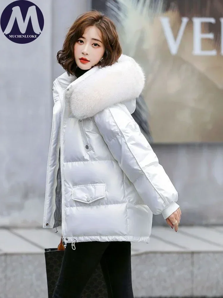 White Duck Down Hooded Jacket with Fur Collar for Women Short Parkas Slim Fit Glossy Warm Coats Korean Fashion Autumn Winter New