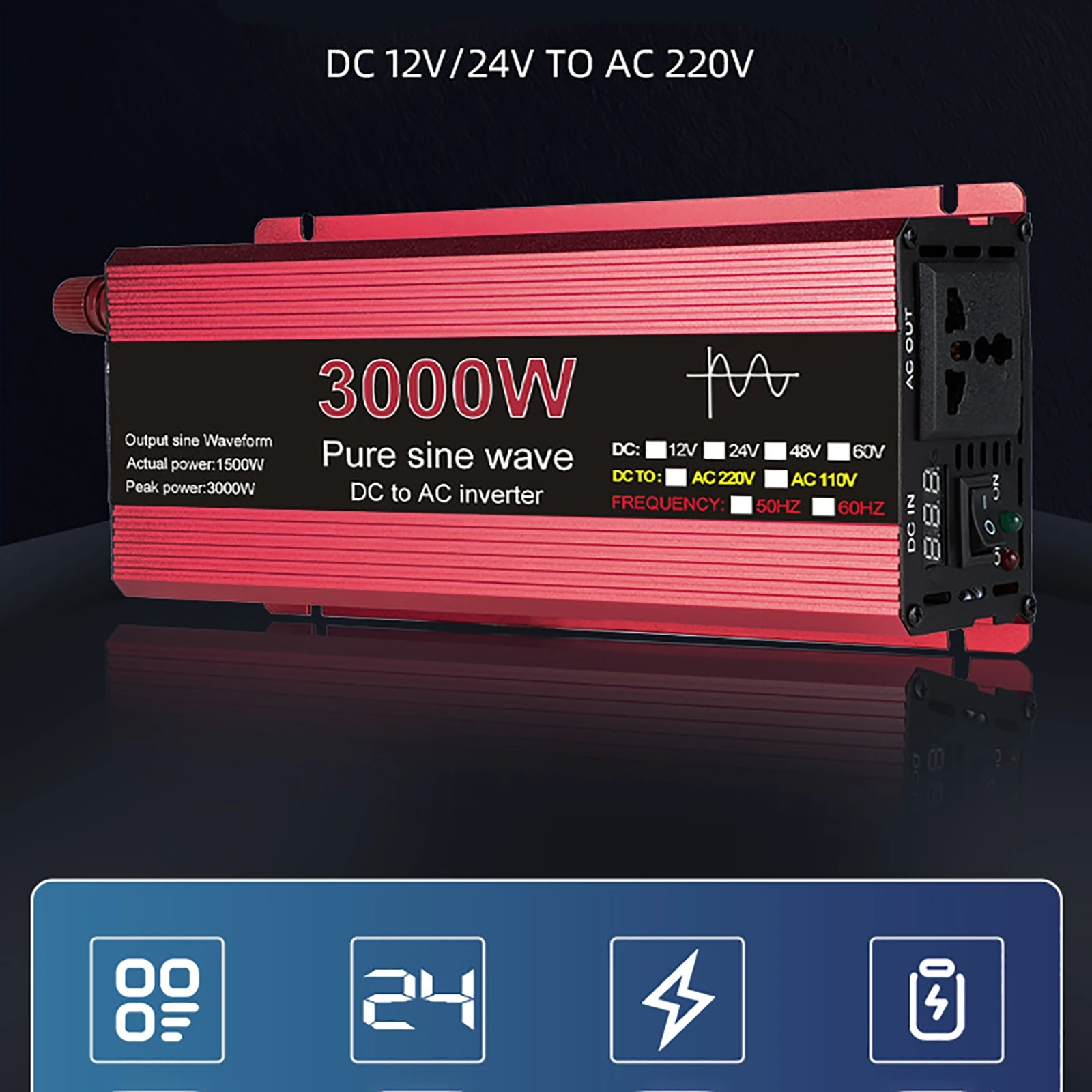 Transformer Power Converter Pure Sine Wave Inverter DC 12V To AC 220V Voltage 1000W 1600W 2200W 3000W Solar Car Inverter Adapter