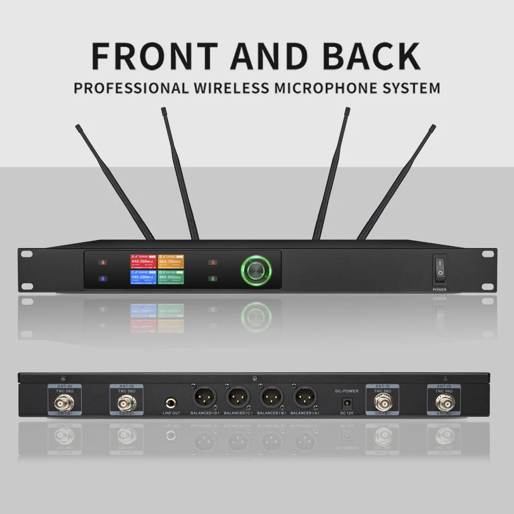 Wireless Microphone System Pro UHF 4 Channels with 4 Lavalier Bodypacks Crystal Clear Sound for professional sound