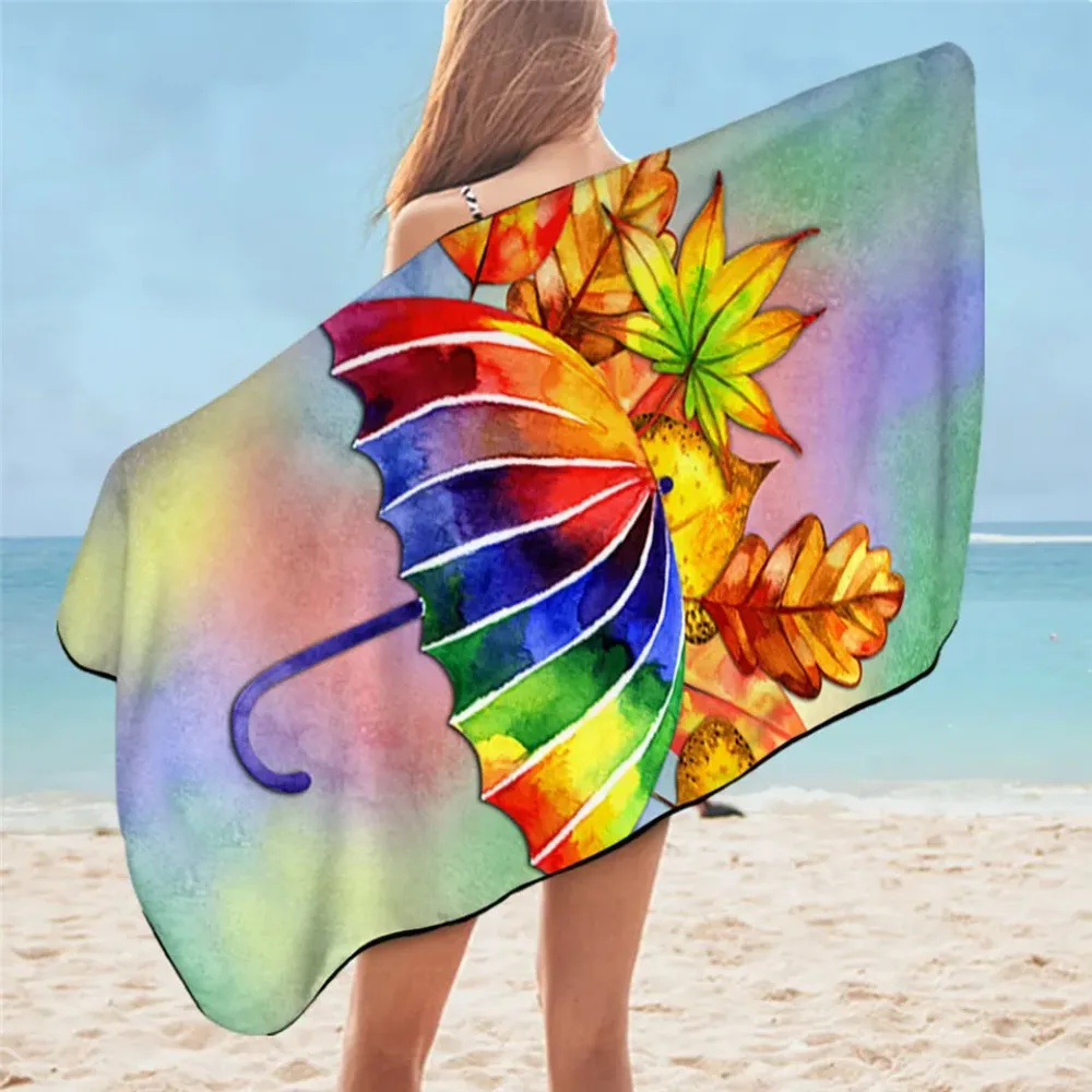 BeddingOutlet Umbrella Bathroom Towels Watercolor Beach Towel Autumn Leaves Microfiber Bath Towels for Adults Rainbow Toalla 1pc