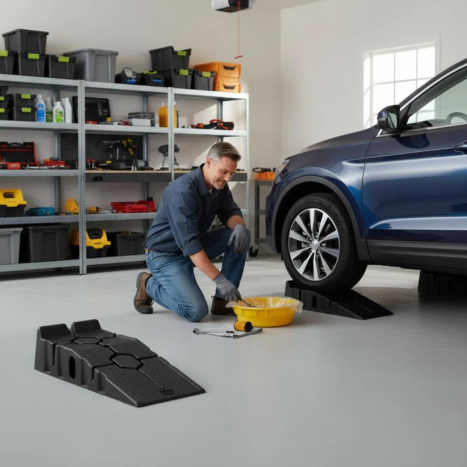 Black 2500kg Heavy-Duty Car Ramps 900mm Long Anti-Slip Work Ramps for Oil Change And Car Repair Maintenance Lift Tools Set
