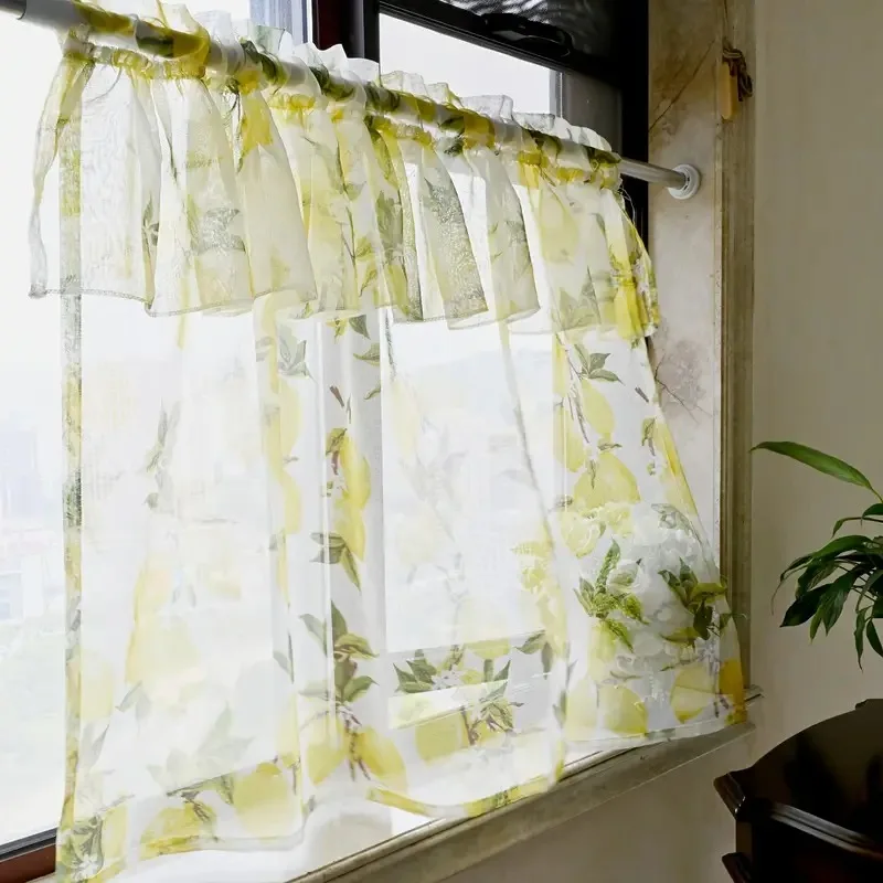 Pastoral Lemon Print Short Curtain Window Treatment Sheers for Living Room Kitchen Cabinet Decorative