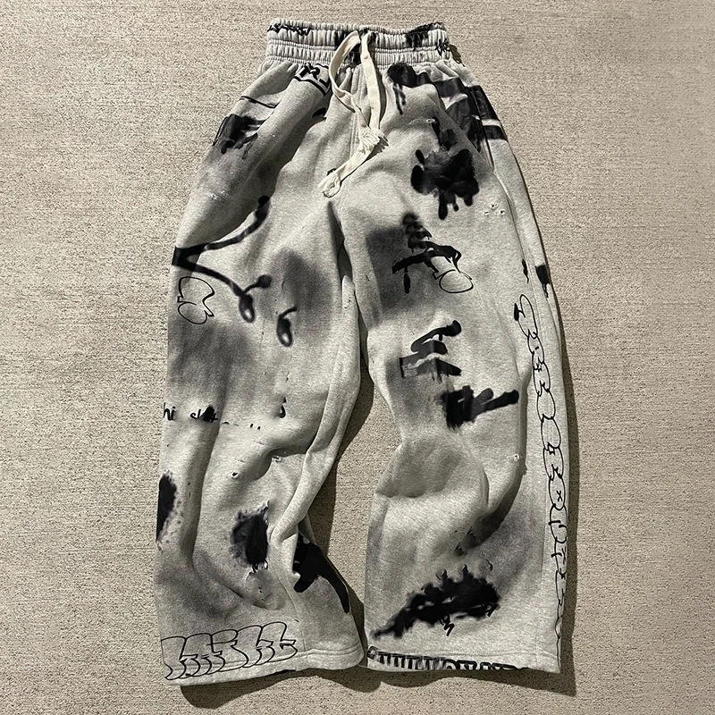 Unisex Quick‑Dry Sports Long Pants Y2K Ink Graffiti Tie‑Dye Print Wide Leg Drawstring Hip‑Hop Streetwear Loose Casual Trousers