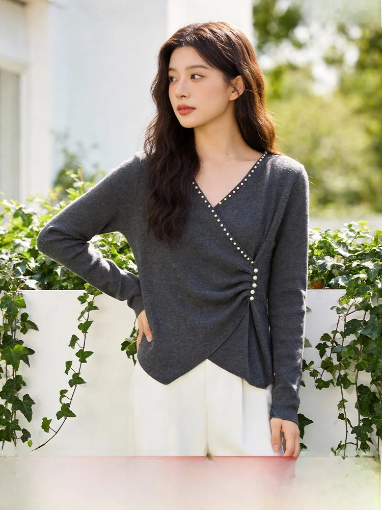 

plus Size Women's irt V-Ne Long Sve Slim Fit Waist Cinched Spring 2026 Ele Design Base Layer Top Commute Sle