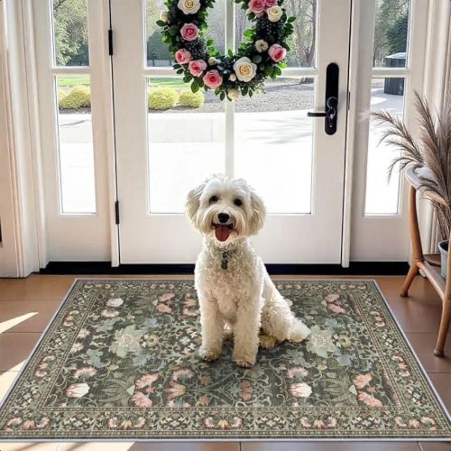 

Washable 2x3 Entryway Area Rugs: Soft Floral Thin Doormat with Non Slip Backing Water Resistant Bathroom Laundry Rug for Kitch