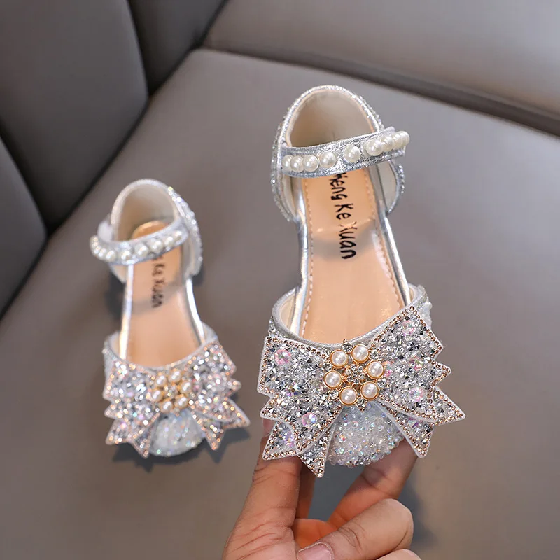 Estate dolce ragazze sandali moda bambini paillettes fiocco strass principessa sandali perla per bambini scarpe da ballo morbide H952