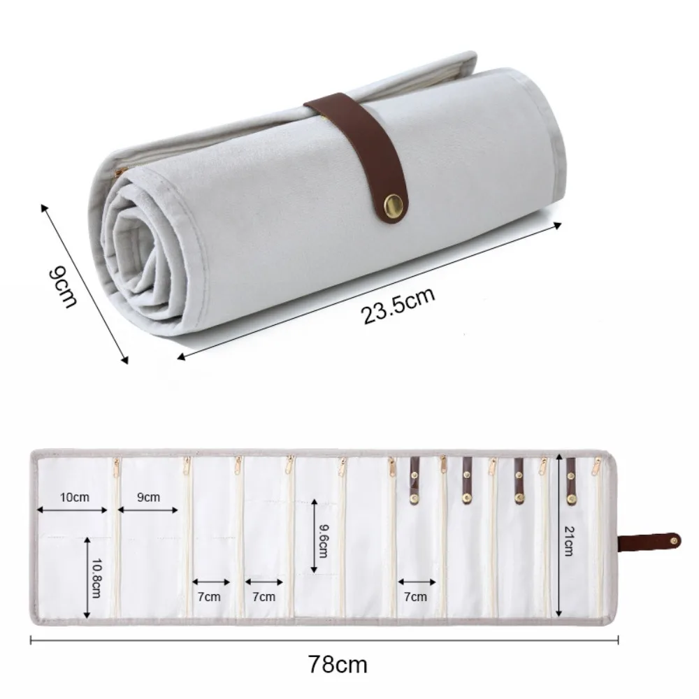 Roll-Up Style Jewelry Organizer Multi-pocket Foldable Jewelry Storage Pouch Flannel Zipper Anti-lost Jewelry Display Holder
