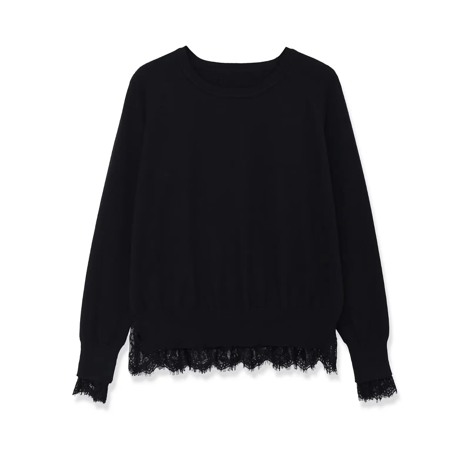 Casual Slim Black Solid Mujer Woman Women 2026 Spring New Style Versatile Long-sleeved Lace Knitted Shirt