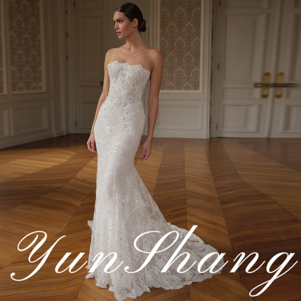 

YunShang Customized Strapless Lace Mermaid Wedding Dress Bridal Gown with Open Back, Train, Elegant Design, Timeless Silhouette