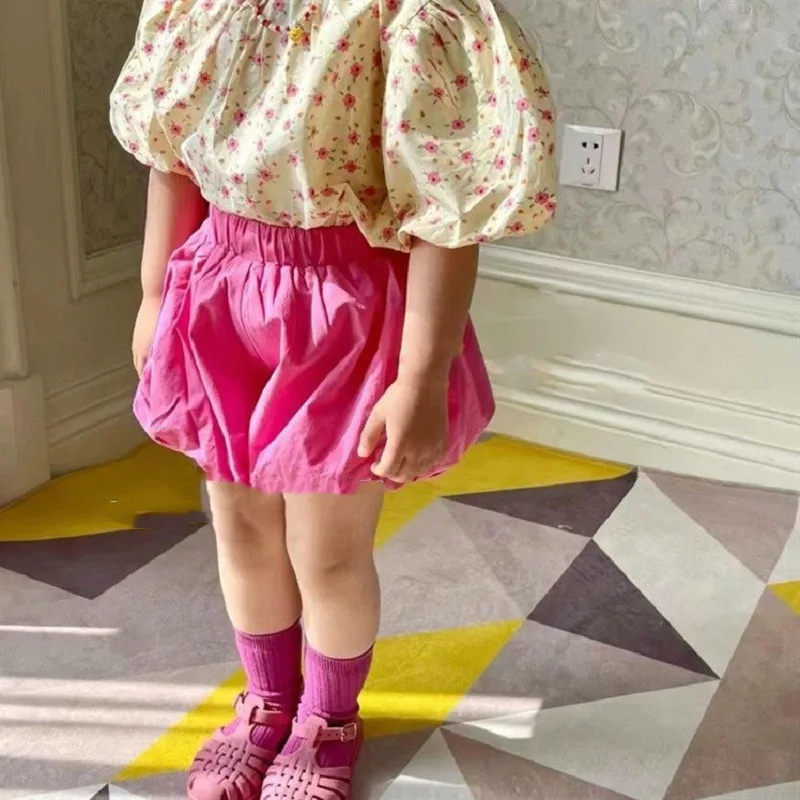 Girls' Set Round Neck Puff Sleeve Top with Flower Pants25Summer New Foreign Trade Children's Wear Delivery3-8Years Old