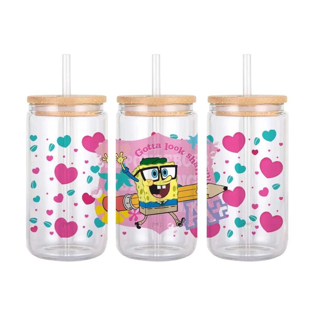 Cartoon Yellow SpongeBob Pattern UV DTF Transfer Sticker Waterproof Transfers Decals For 16oz Glass Cup Wrap Stickers