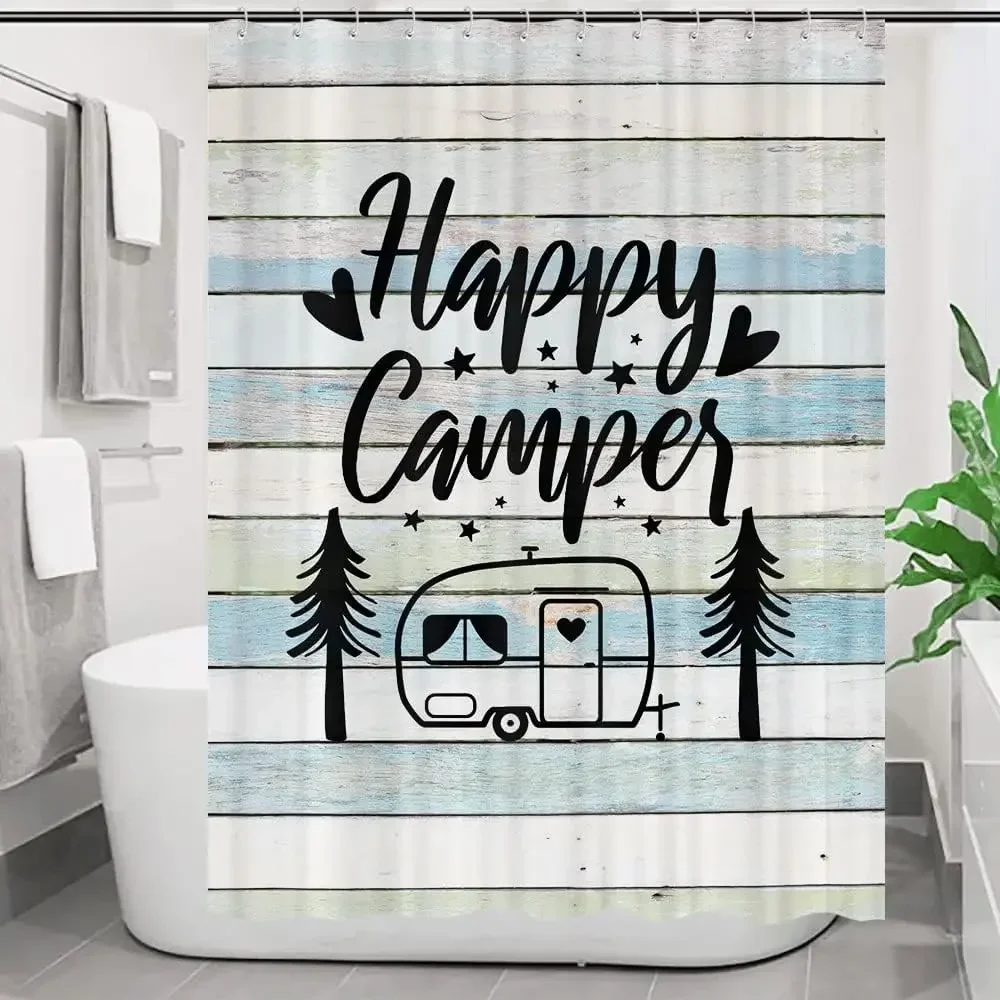 Travel Camper Shower Curtain RV Summer Ocean Surfboard Camping Palm Tree Rustic Plank Polyester Fabric Bathroom Decor Curtains
