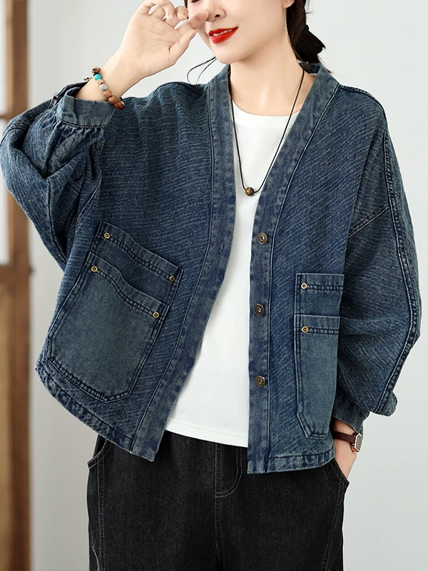 Women's Casual Loose Short Denim Jacket Multi-Pocket Versatile Autumn Fashion Original Design Label Removed Outerwear