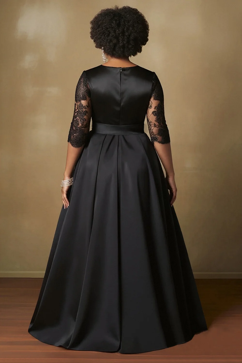 بالإضافة إلى حجم الزفاف الأسود الخامس الرقبة نصف كم انظر من خلال فساتين ماكسي أنيقة من الدانتيل الساتان التباين #4