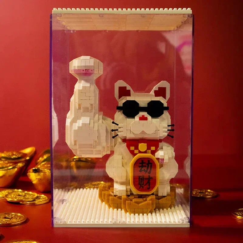 Moyu 97002 Muscle Lucky Cat Money Fortune Sunglasses Pet Animal Doll Display Case Mini Diamond Blocks Bricks Building Toy No Box