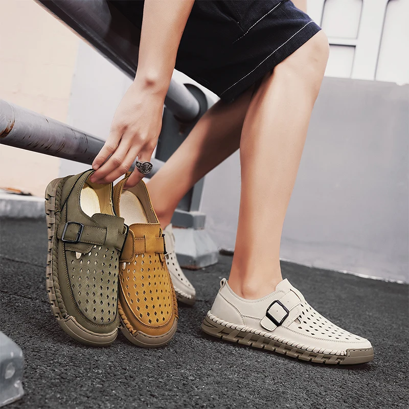 

Men Hollowed Out Casual Shoe Summer Fashion Sports Sandals High-quality Handmade Leather Walking Summer Designer Shoes Rubber
